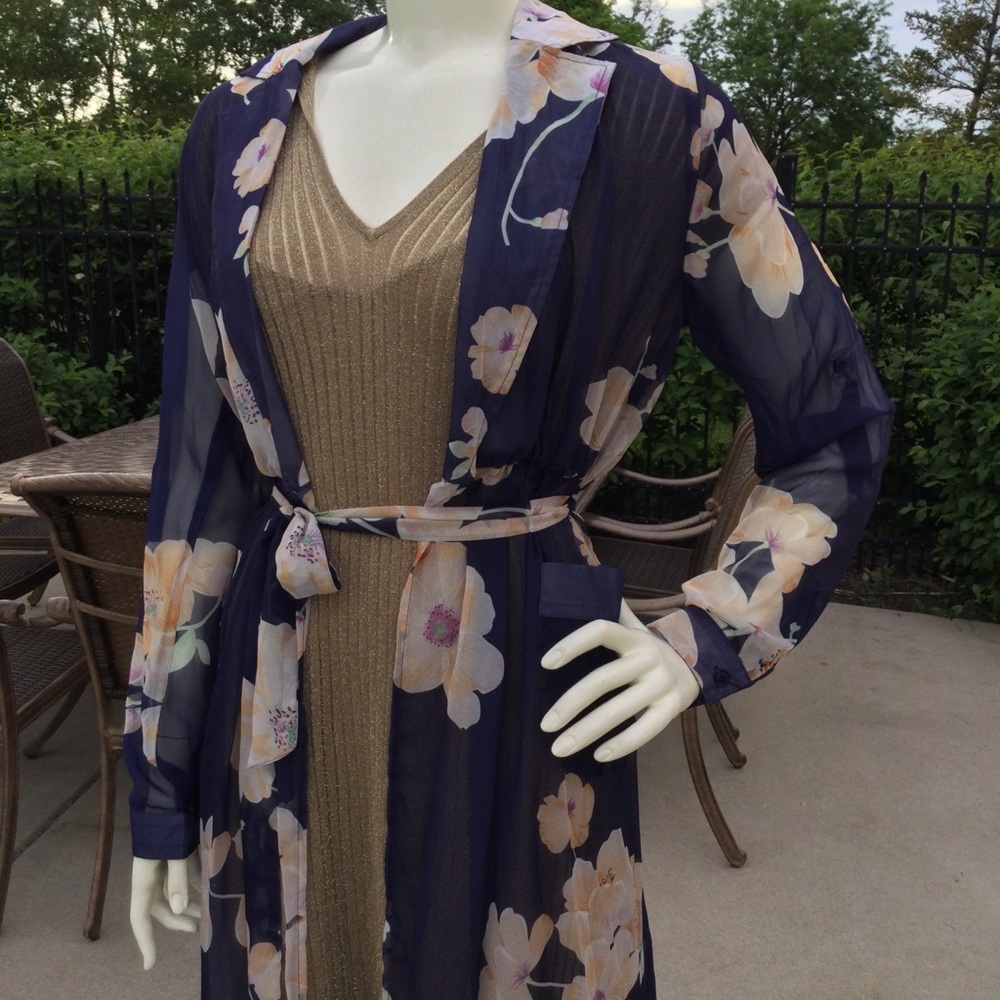 SHEER floral long 3/4 sleeve duster maxi COVER UP - Picture 3 of 16